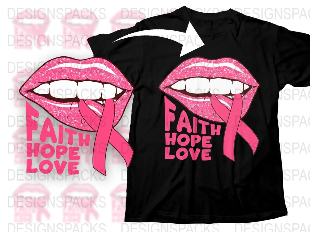 Breast Cancer Awareness T-Shirt, Pink Ribbon Faith Hope Love Graphic Tee, Sparkly Lips Design, Women's Fashion Shirt