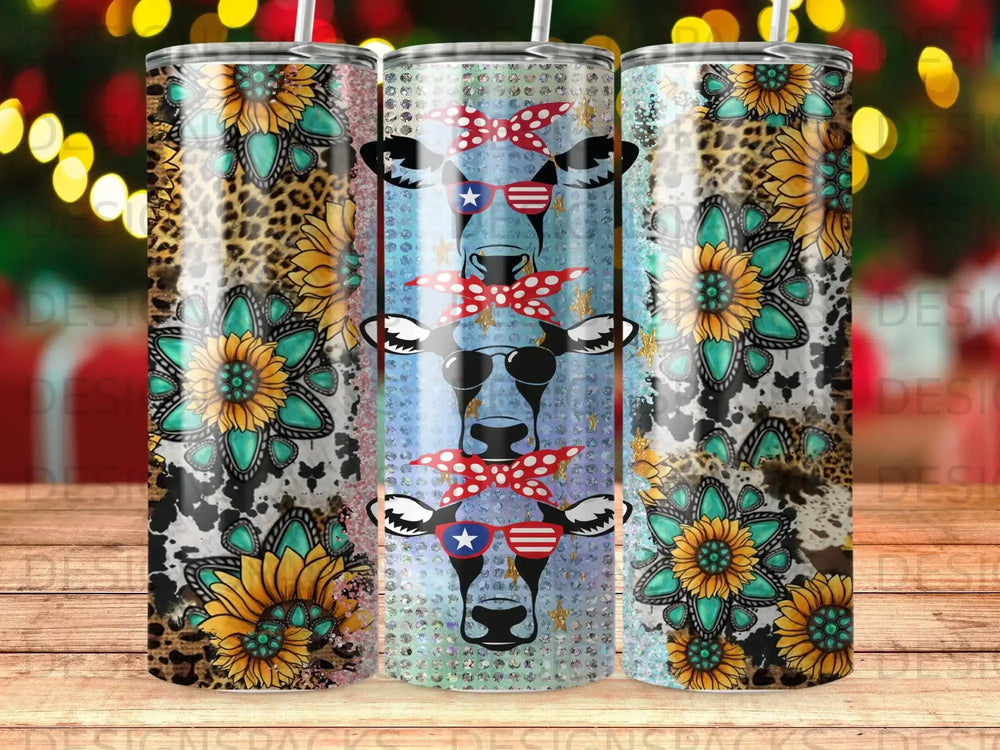 Cow with sunglasses and bandana on patterned tumbler.