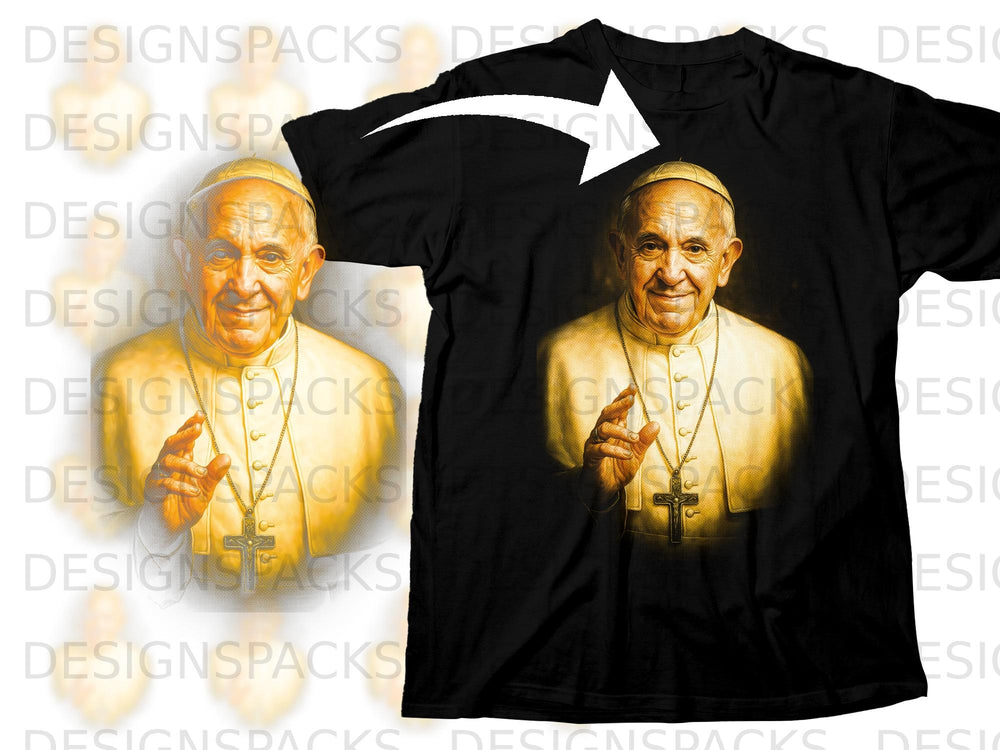 Black t-shirt with a portrait of Pope Francis wearing a zucchetto and papal vestments.
