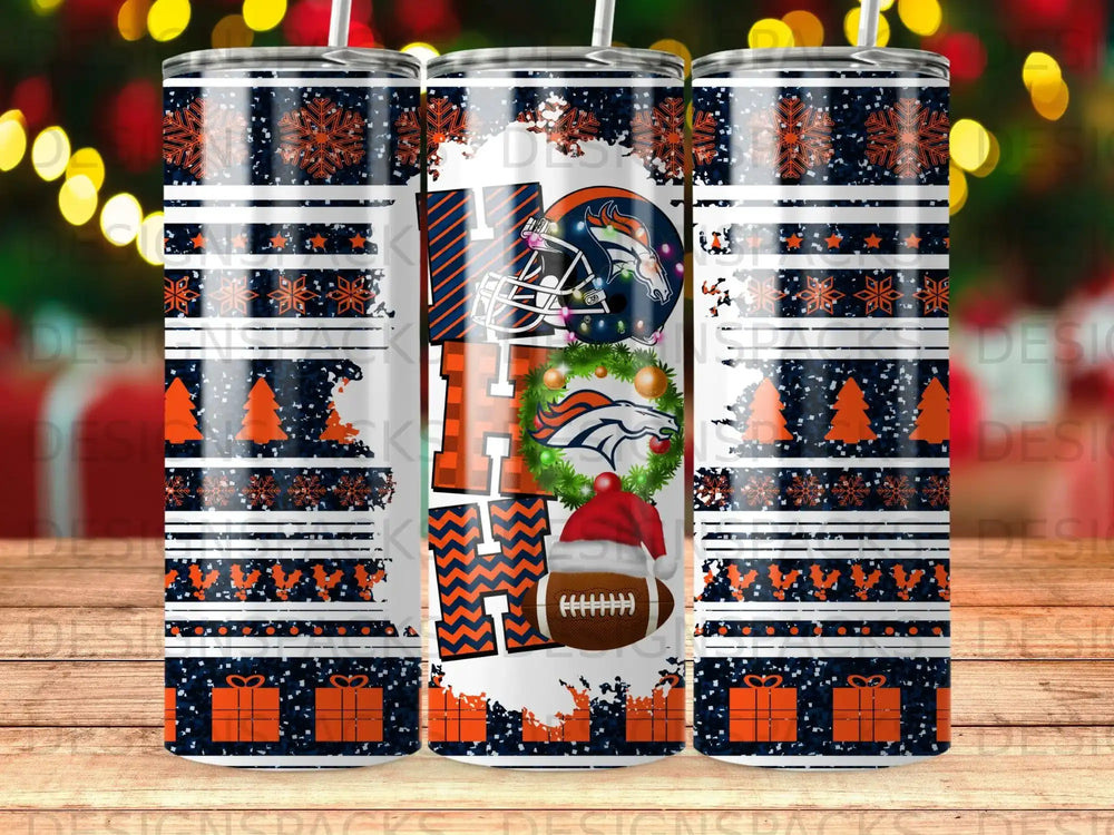 Denver Broncos tumbler with holiday theme and presents.