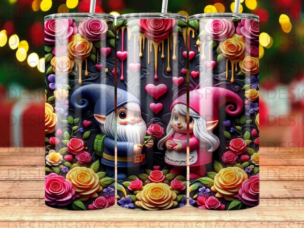 Gnomes in love surrounded by roses and hearts, Valentine's Day tumbler design.