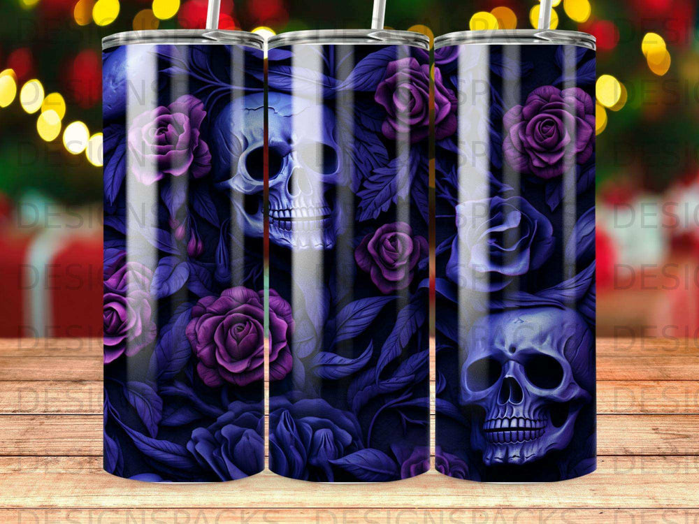 Dark purple roses and skulls adorn a cylindrical tumbler with a bokeh background.