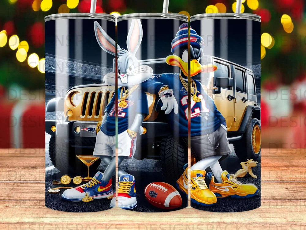 Bugs Bunny and Daffy Duck in Patriots gear with jeep and football.