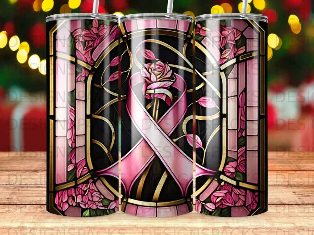 Stained glass design featuring a pink ribbon and roses with a blurred festive background.