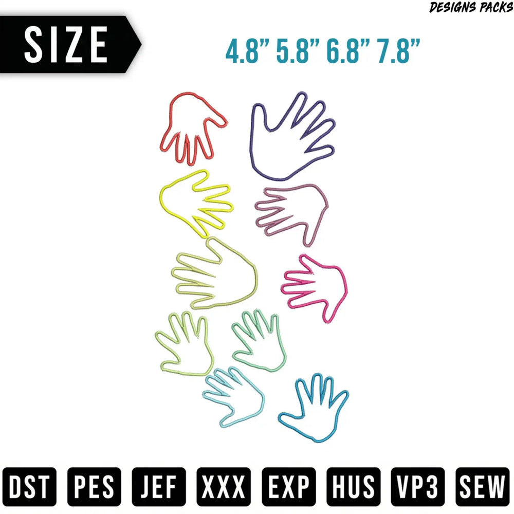Colorful hand outlines in various sizes with file format icons below.