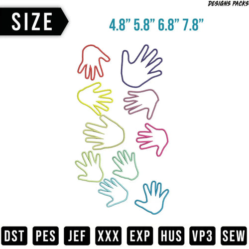 Colorful hand outlines in various sizes with file format icons below.