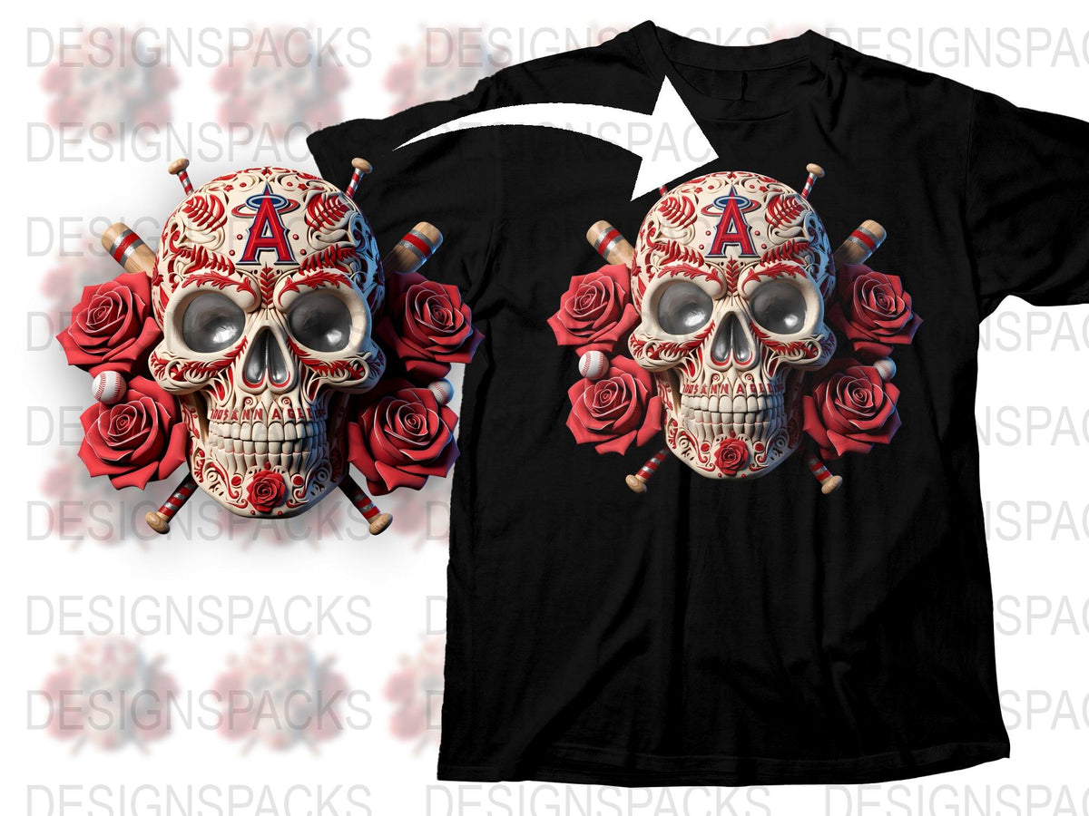 Gothic Skull and Roses T-Shirt, A Letter Graphic, Baseball Bats, Unisex Black Tee