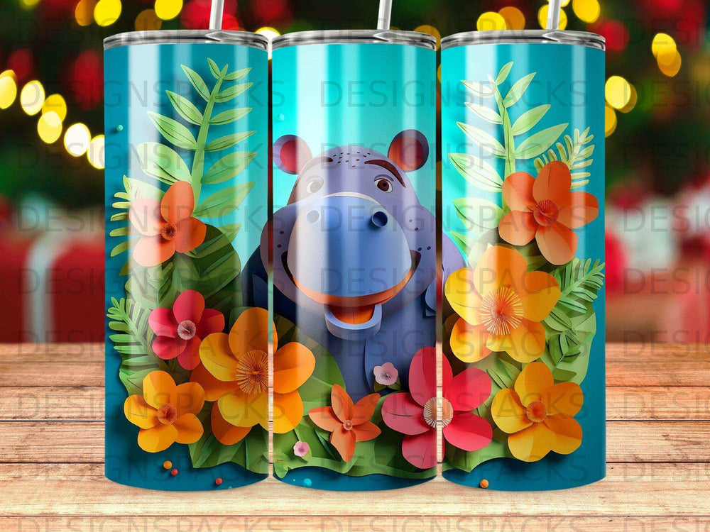 Hippopotamus on a teal background with colorful flowers.