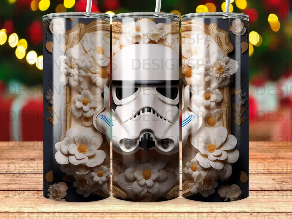 Stormtrooper helmet surrounded by ornate floral details and a gold frame.