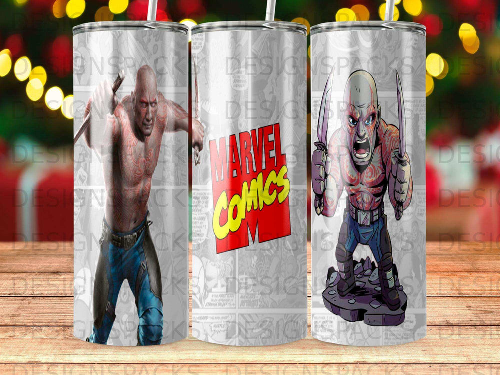 Marvel Comics character Drax the Destroyer on a tumbler design.