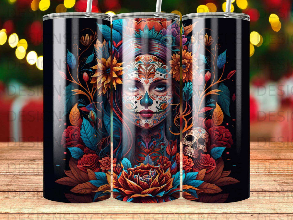 Sugar skull woman with floral and skull motifs on a dark background.