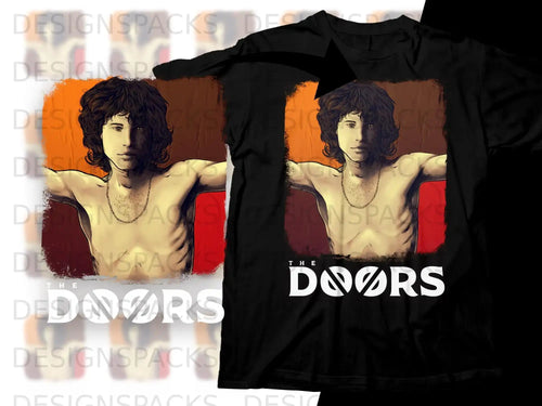 Black t-shirt featuring artwork of Jim Morrison and 