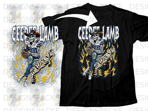 T-shirt featuring a skeleton cowboy, cat, and flames, with 