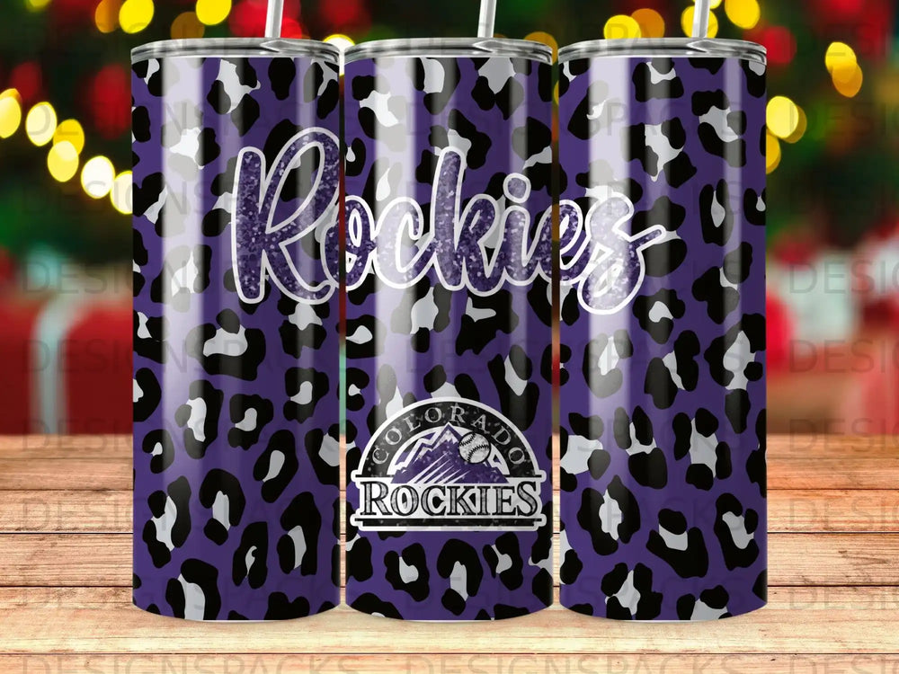 Purple leopard print tumbler with "Rockies" and Colorado Rockies logo.