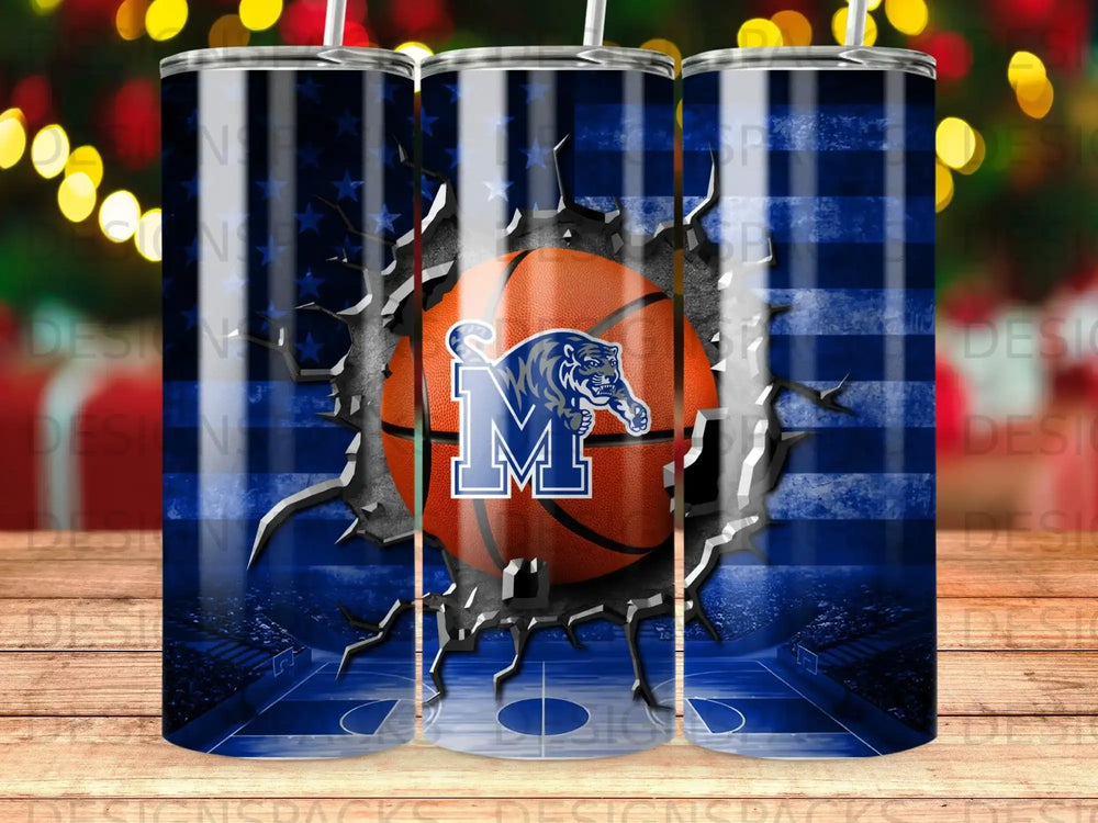 Basketball with Memphis Tigers logo on cracked American flag background.