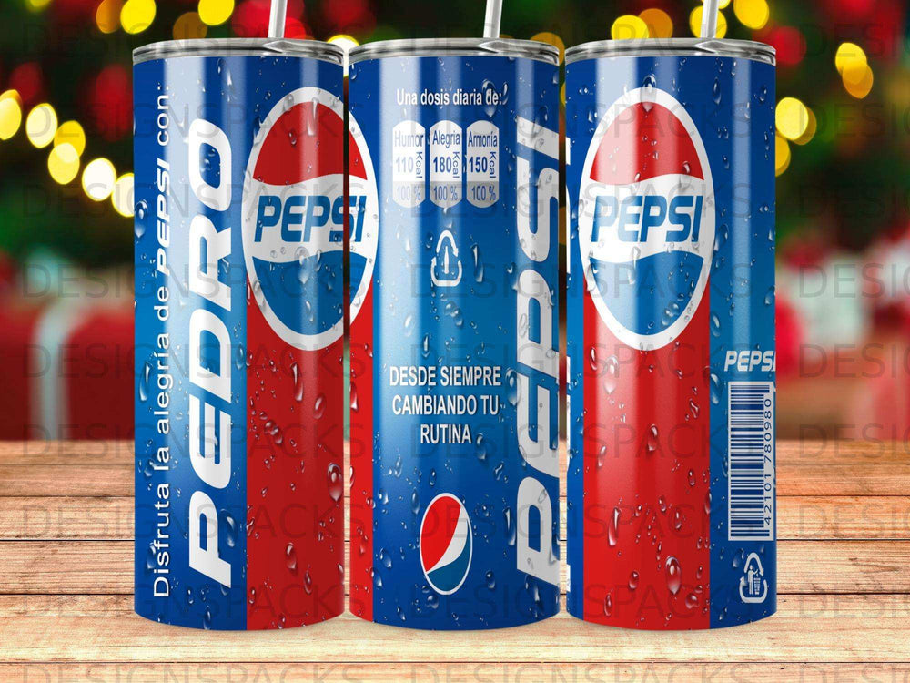 Pepsi can with "Pedro" text, nutritional information, and Spanish slogans.