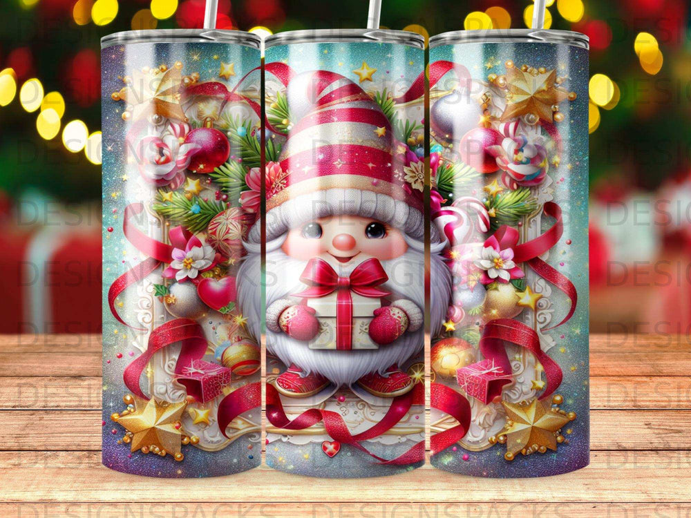 Christmas gnome holding gift, surrounded by ornaments and ribbon.