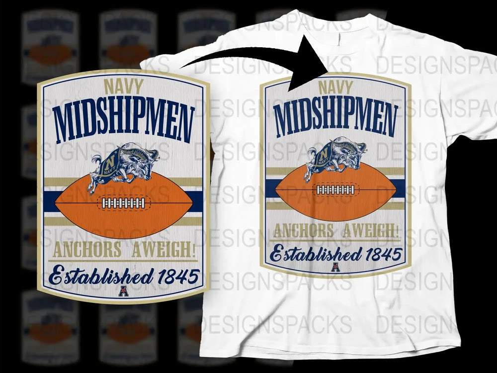 Navy Midshipmen Football T-Shirt, Vintage Style Graphic Tee, Established 1845, Anchors Aweigh, Sports Fan Apparel