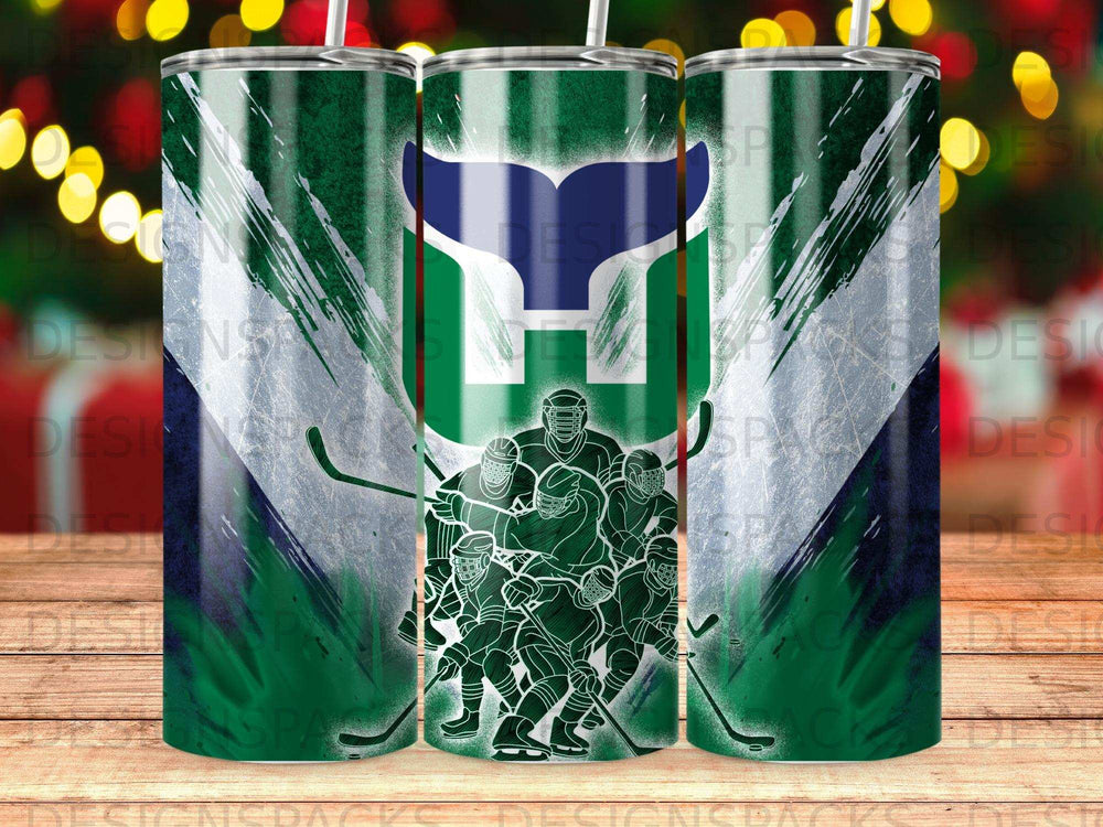 Green and white hockey team logo on a tumbler with a hockey player design.