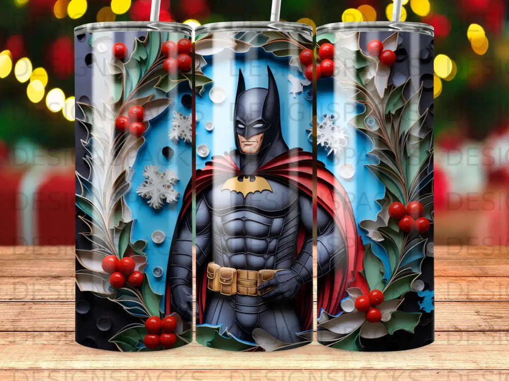 Batman character in costume, surrounded by festive holly and snowflakes.
