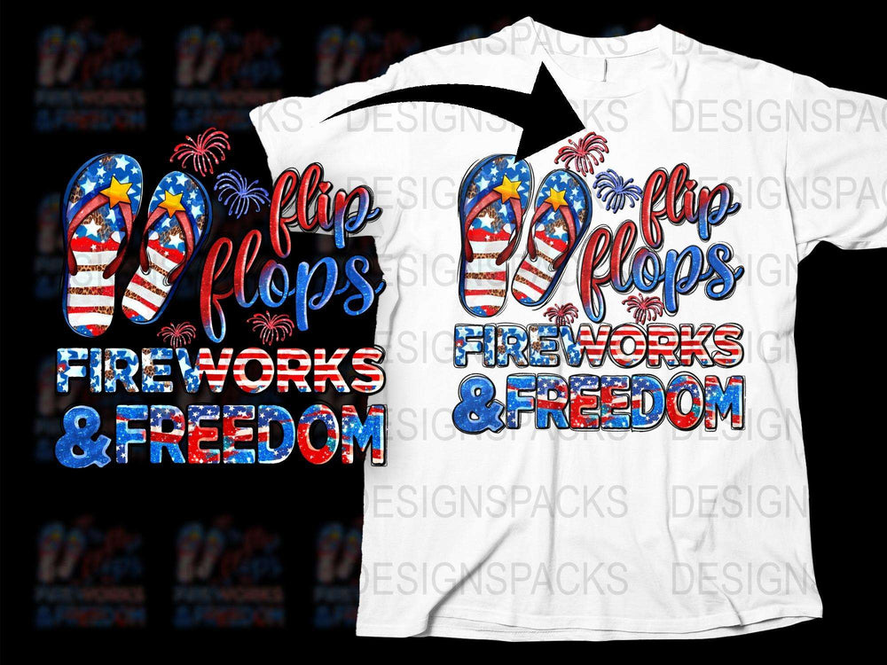 Patriotic Flip Flops T-Shirt, Fireworks and Freedom, 4th of July Tee, American Flag Print, Summer Independence Day Apparel for Adults