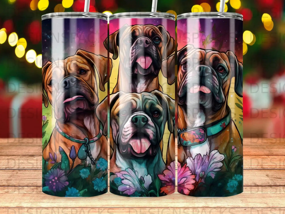 Three boxer dogs with colorful floral accents on a blurred festive background.