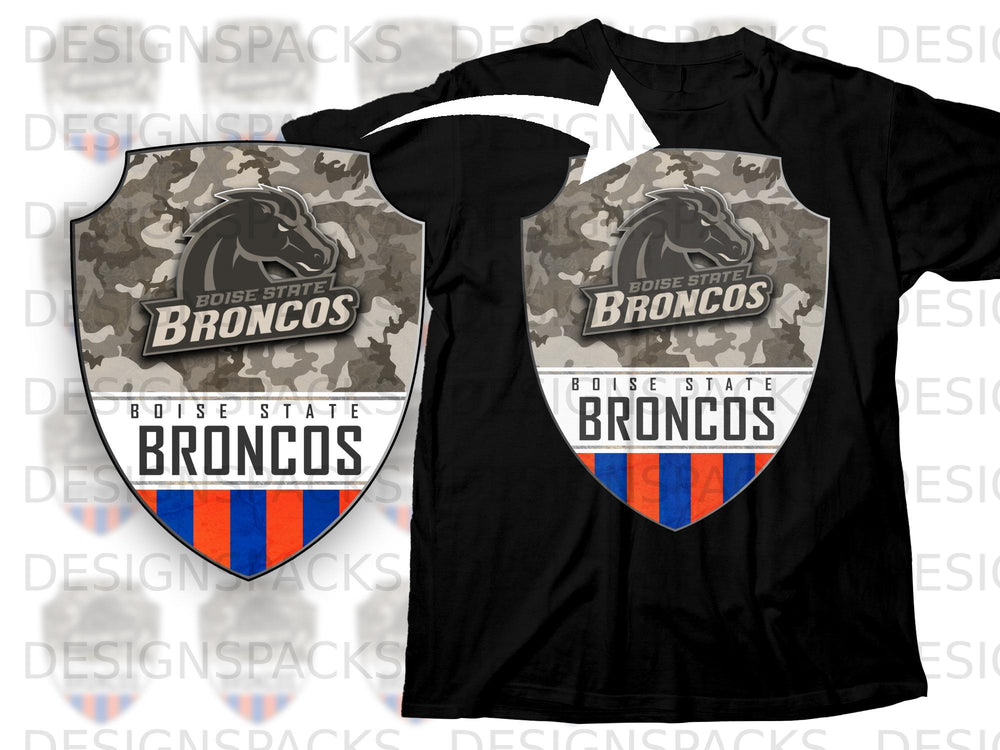 Black t-shirt with Boise State Broncos shield logo featuring camouflage and blue/orange stripes.