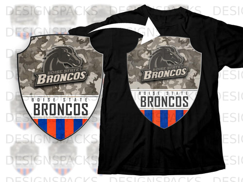 Black t-shirt with Boise State Broncos shield logo featuring camouflage and blue/orange stripes.
