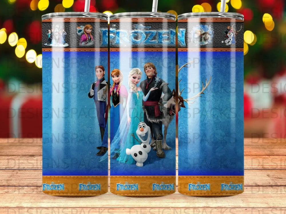 Frozen characters Olaf, Kristoff, Anna, Elsa, and Sven on a tumbler.