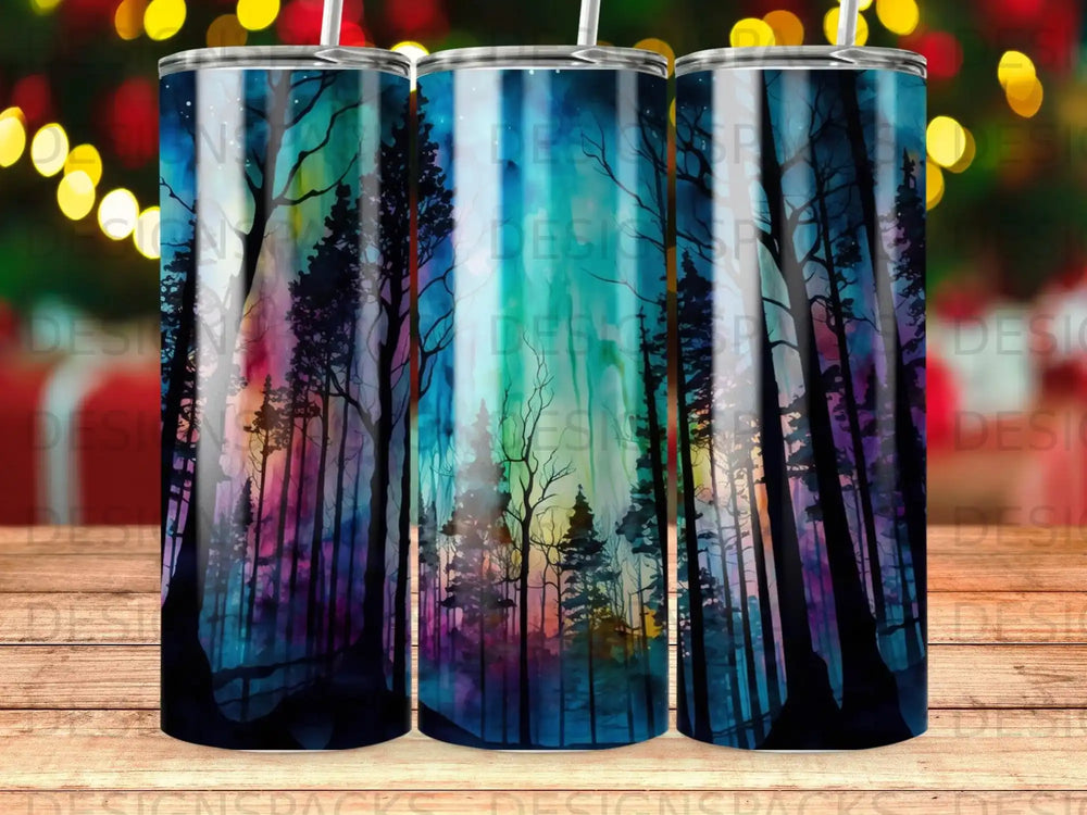 Forest scene with colorful aurora borealis in the sky.