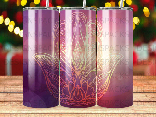 Three tumblers with a purple gradient and a gold Hamsa hand design.