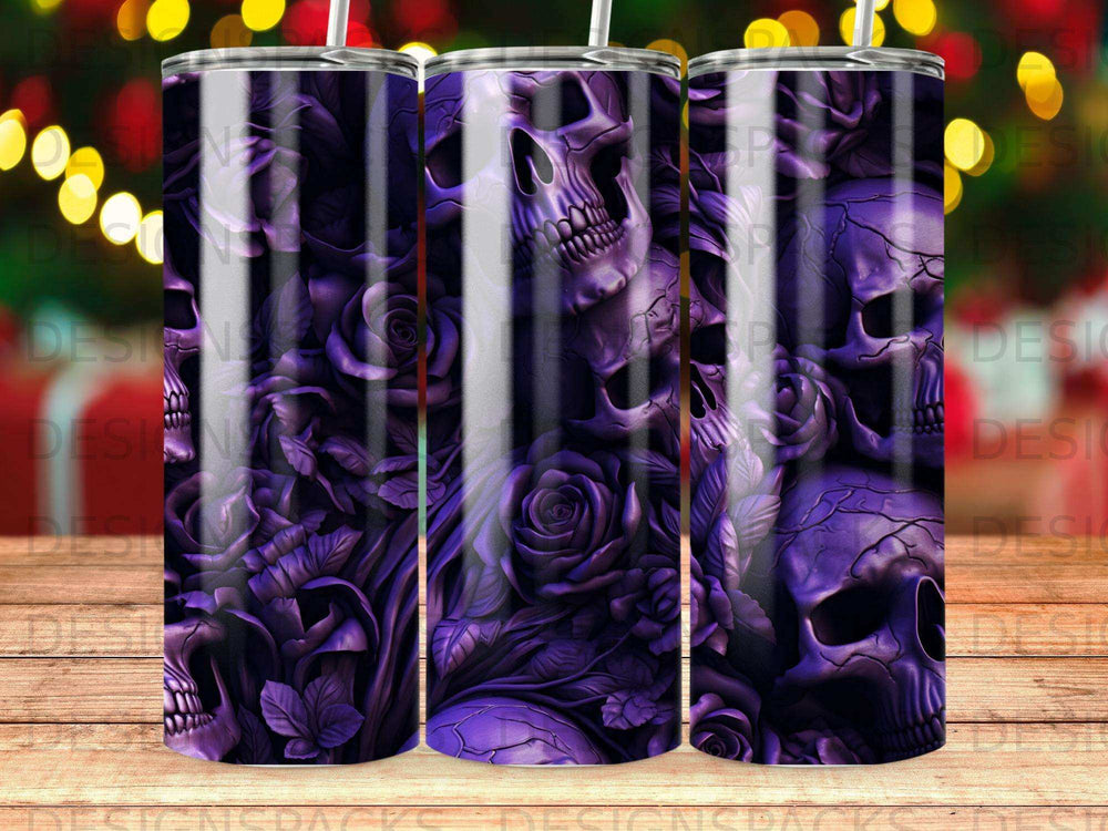 Dark purple skulls and roses pattern on a tumbler.