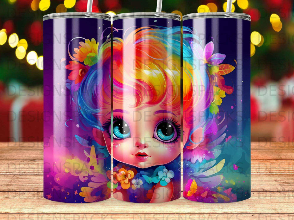 Brightly colored cartoon character with rainbow hair and floral accents on a dark background.