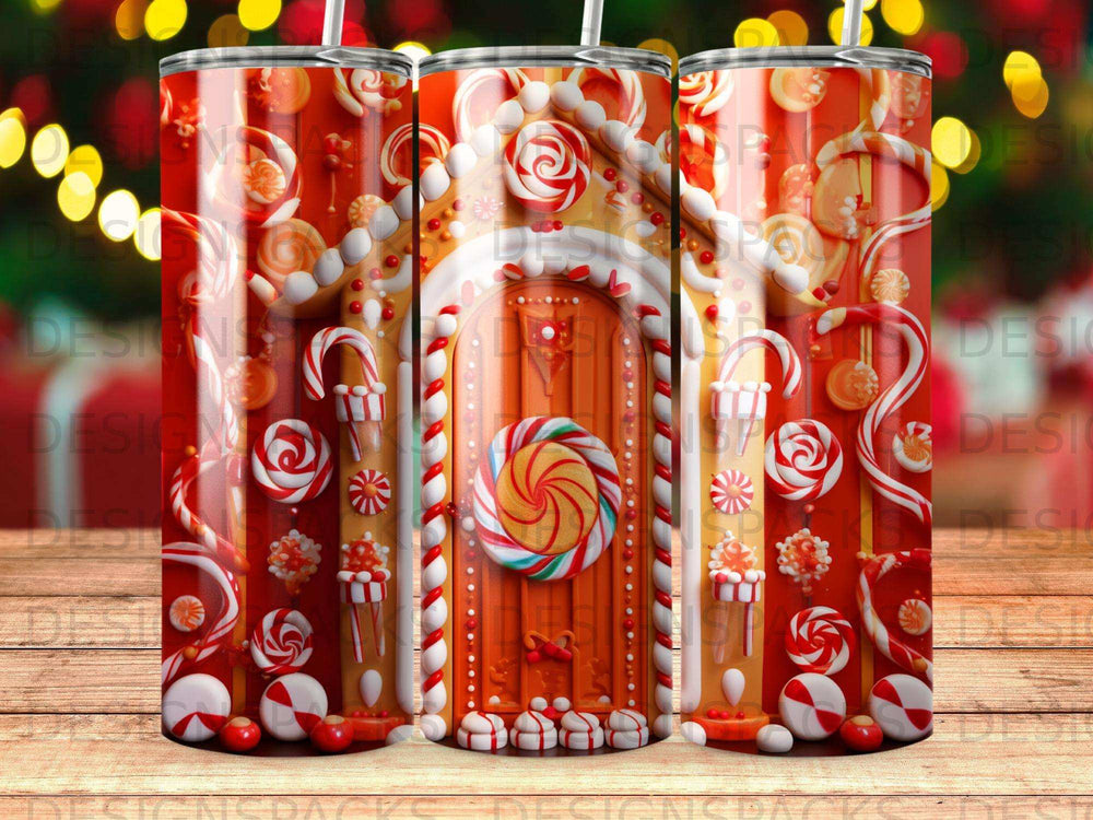 Gingerbread house door with candy decorations on a tumbler.