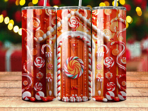 Gingerbread house door with candy decorations on a tumbler.