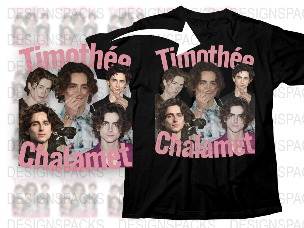 Timothée Chalamet Graphic T-Shirt, Celebrity Photo Collage, Fan Merchandise, Stylish Black Tee with Pink Text.