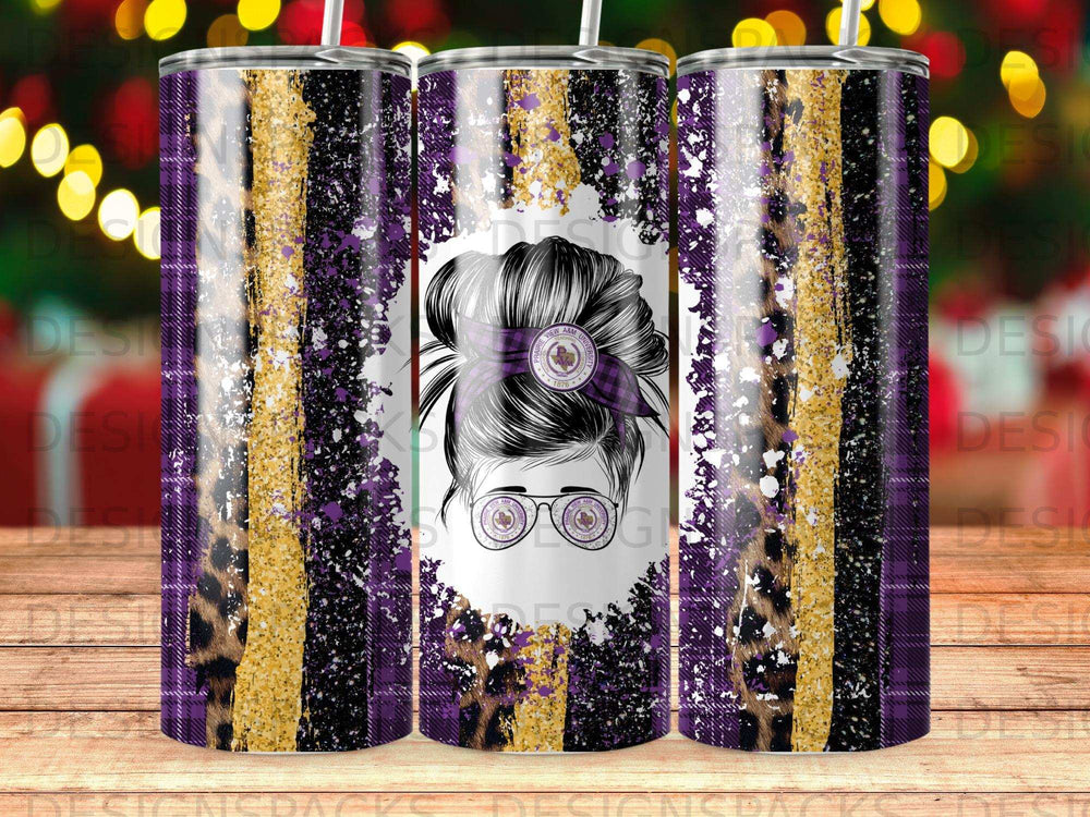 Tumbler with purple, black, and leopard print, featuring Texas A&M University logo.