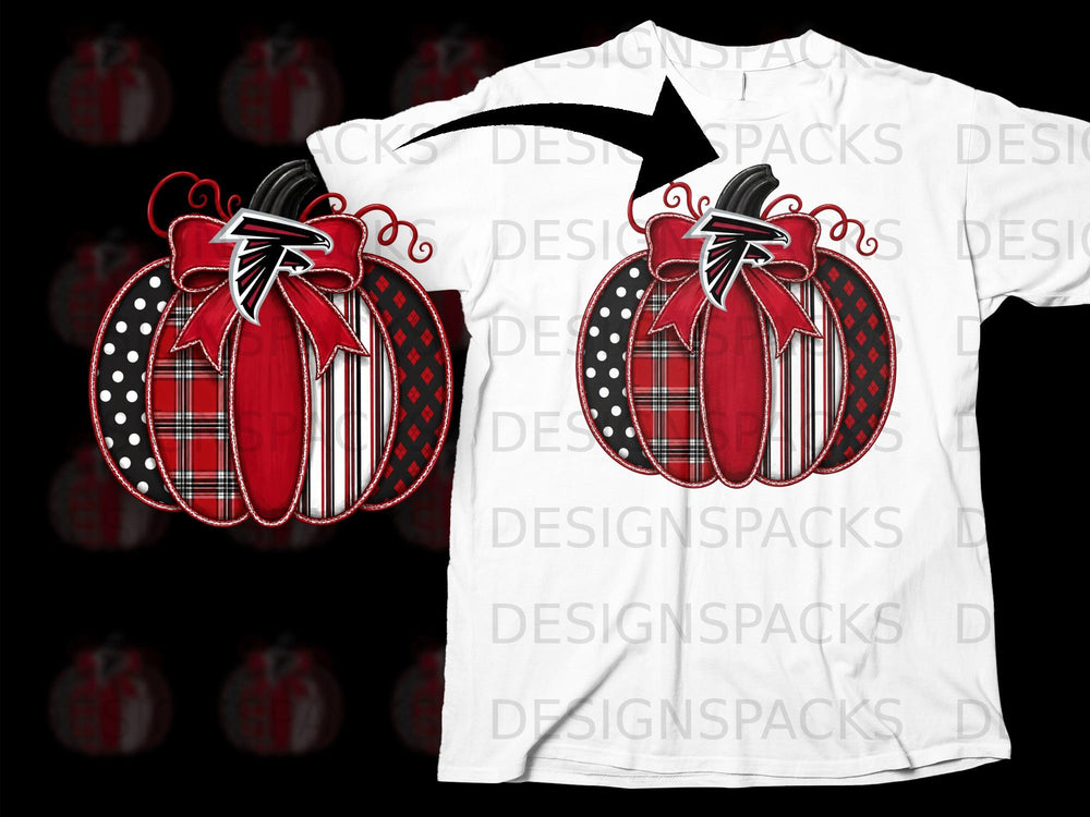 Atlanta Falcons pumpkin graphic with plaid, polka dot, and stripe patterns on white shirt.