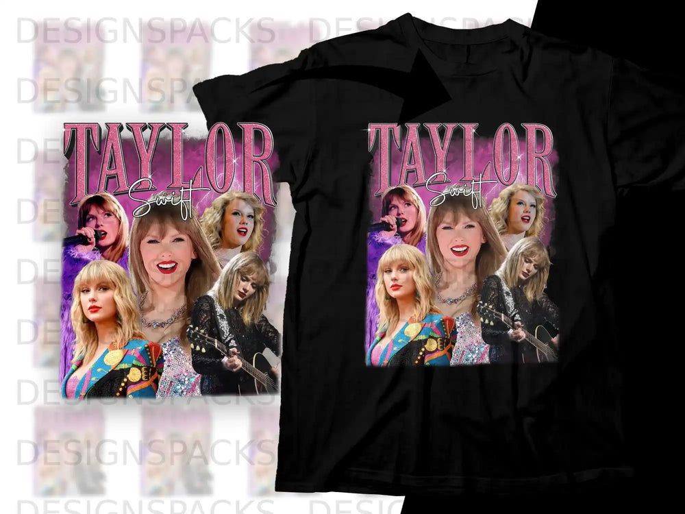 Taylor Swift collage graphic on a black t-shirt.