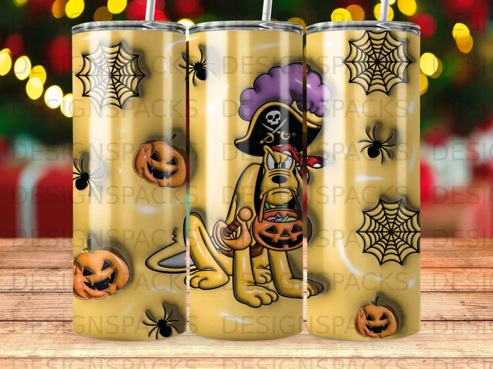 Pirate Pluto character with Halloween candy and spiderwebs on a tumbler.