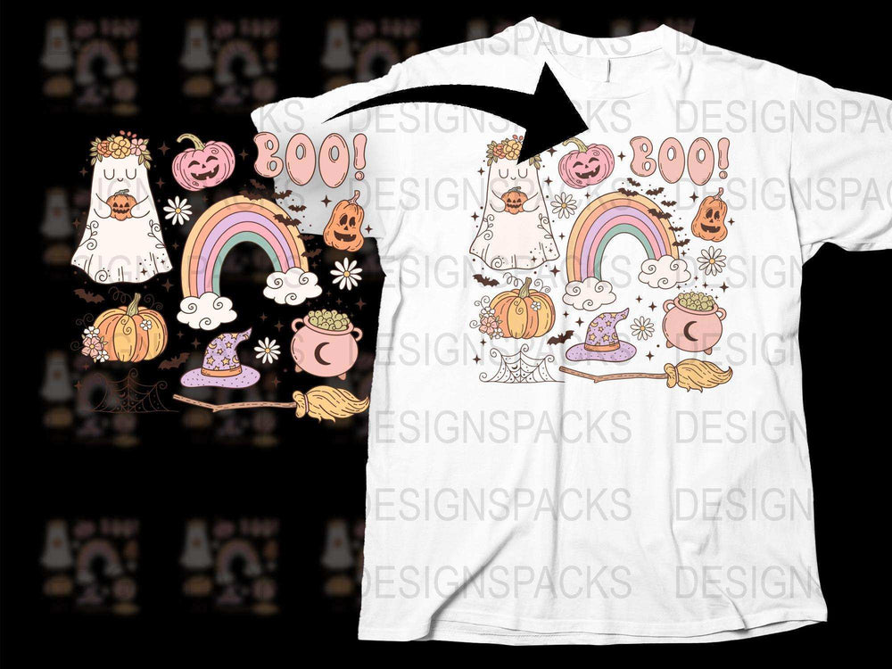 Cute Halloween Clipart Gnomes Pumpkins Rainbow Boo T-Shirt Design Spooky Kids Graphic Tee Fall Festival Apparel