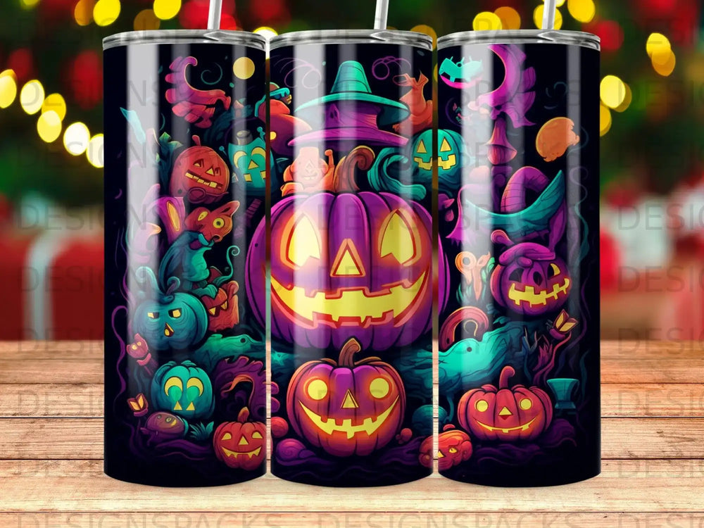 Halloween themed tumbler with pumpkins, monsters, and spooky decorations.