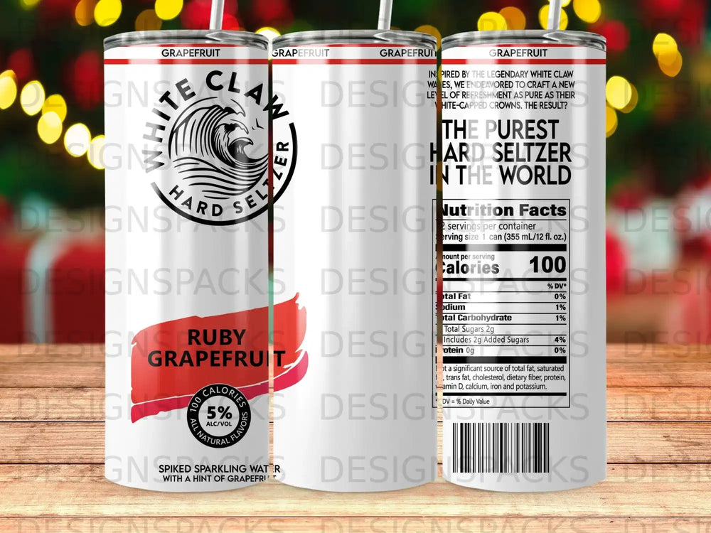 White Claw Ruby Grapefruit Hard Seltzer can with nutrition facts and branding.