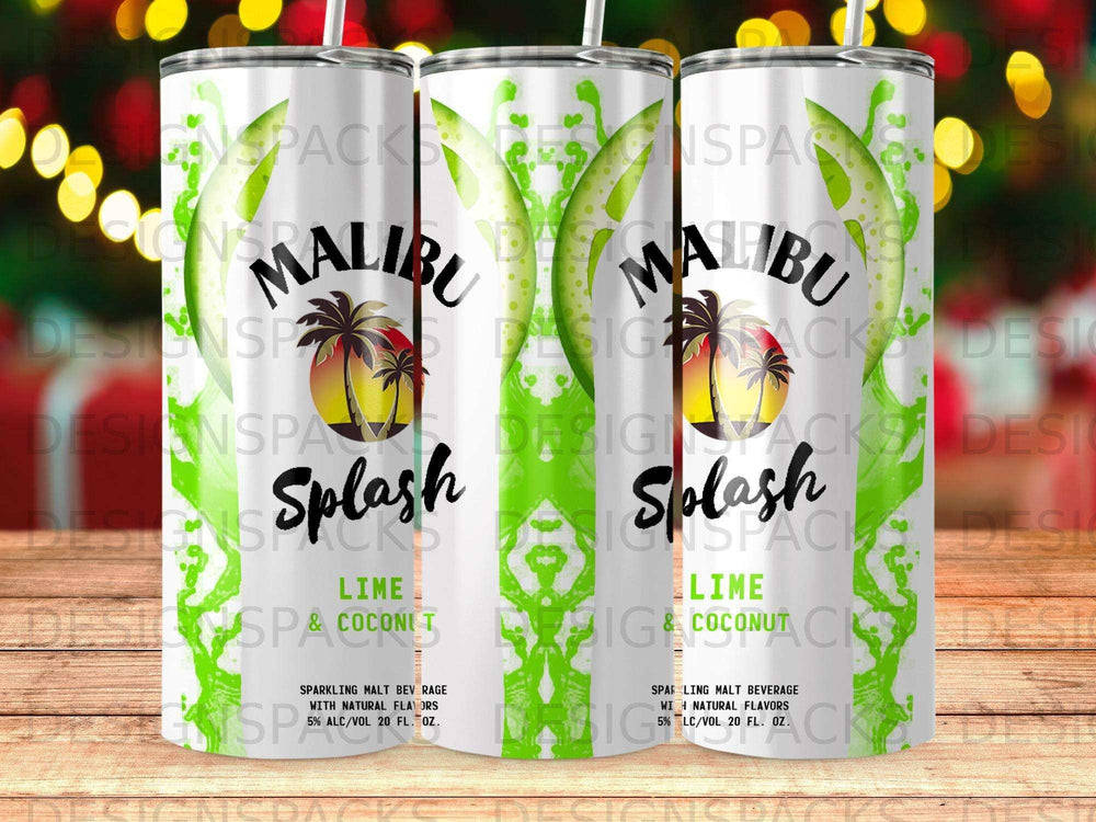 Malibu Splash Lime & Coconut sparkling malt beverage cans with palm trees.