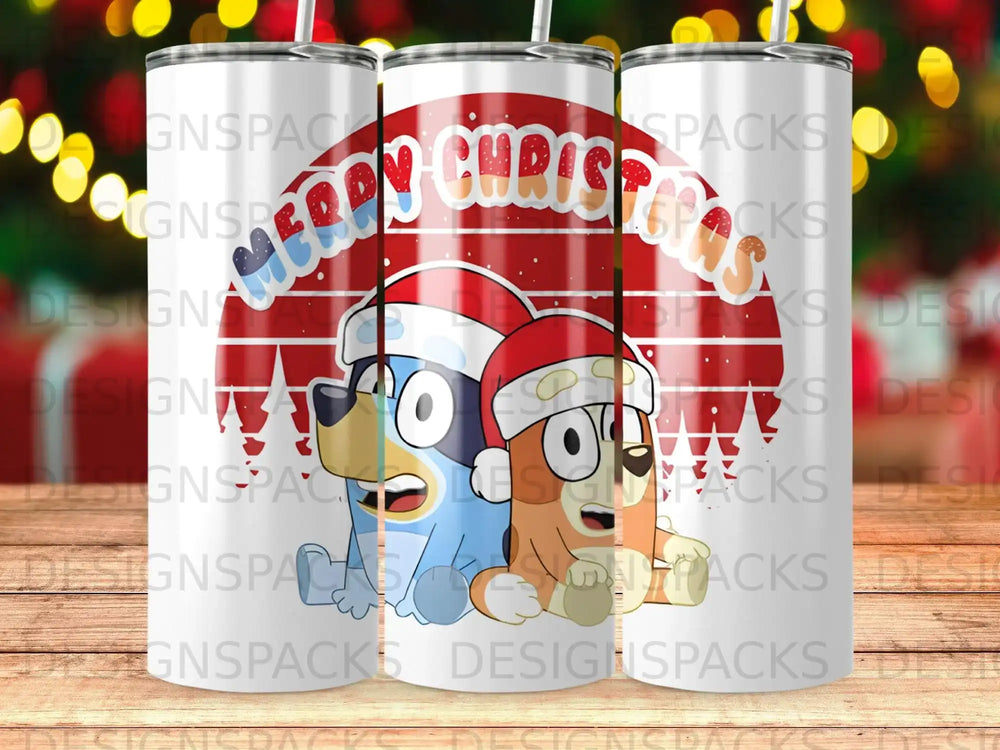 Bluey and Bingo in Santa hats with "Merry Christmas" text.