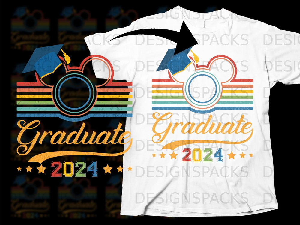 Retro graduate Mickey ears design with rainbow stripes and "2024".