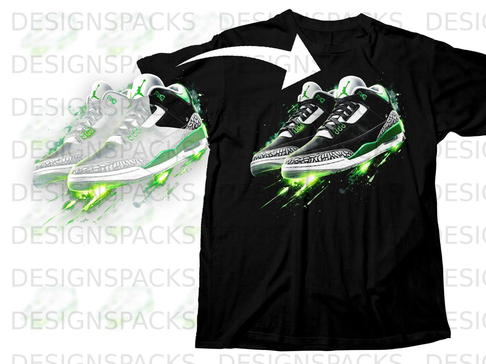 Black t-shirt with graphic of green and white sneakers with glowing green accents.