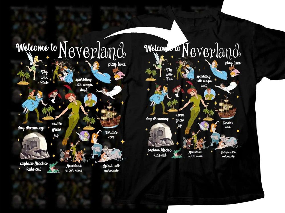 Peter Pan Neverland adventure t-shirt design with Tinker Bell, Captain Hook, mermaids, and pirate ship