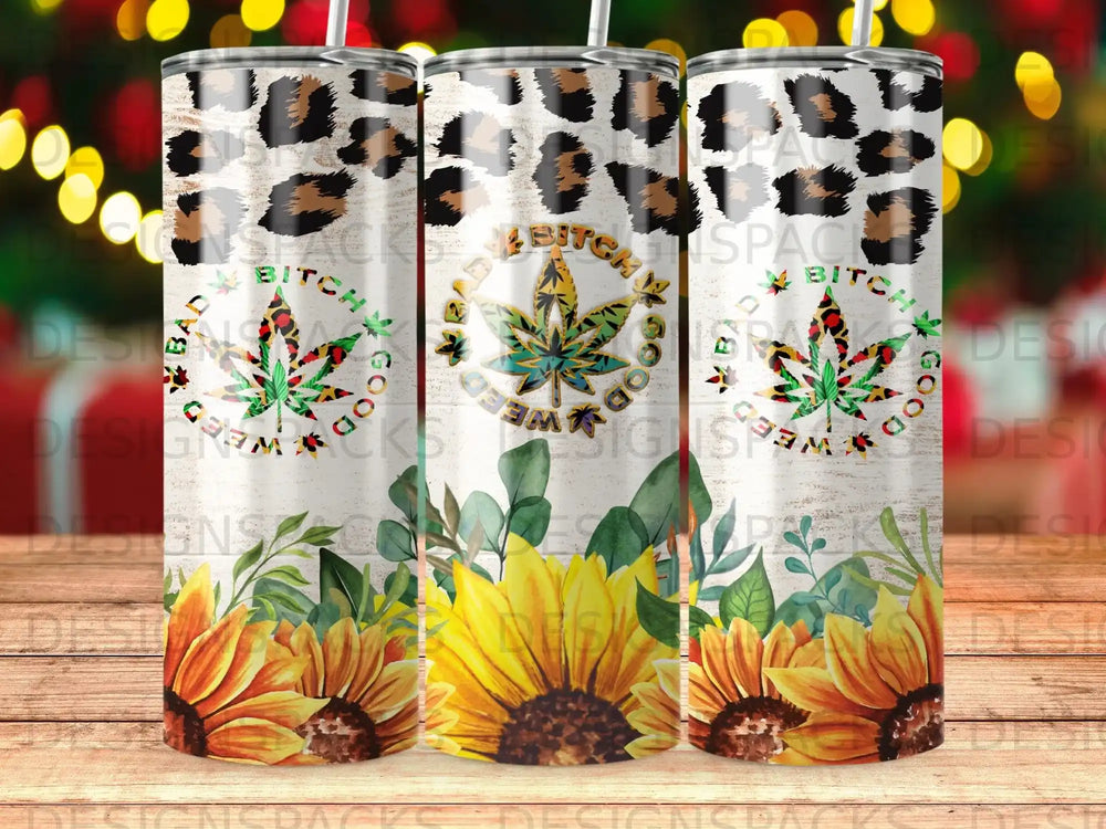 Sunflower and leopard print tumbler with "Good Vibes" text.