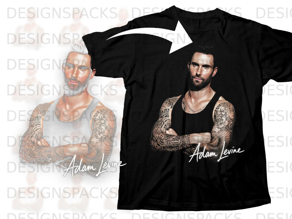 Black t-shirt with Adam Levine's portrait and signature, crossed arms and tattoos.
